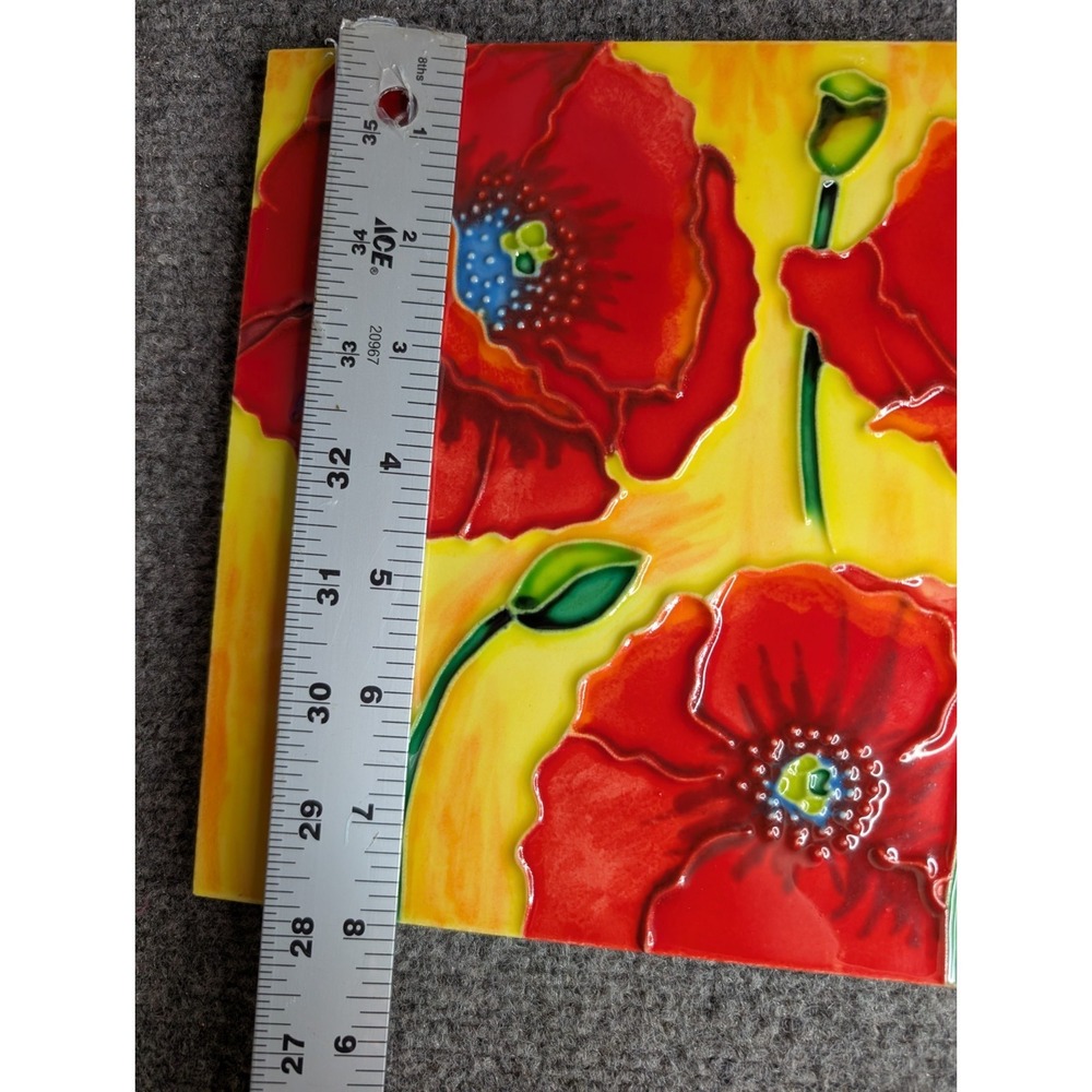 Vintage Ceramic Art Tile Poppies Hand Painted With Stand Vibrant Signed By PING - Picture 6 of 7